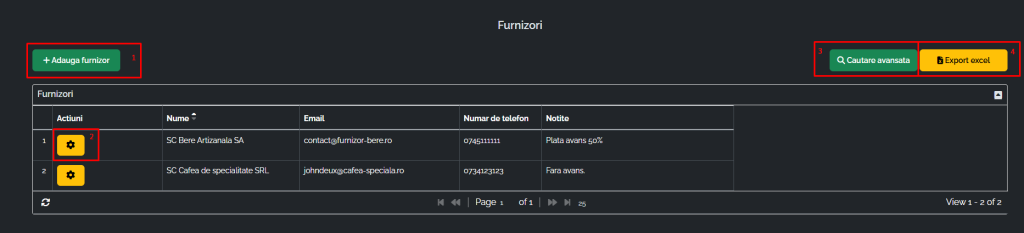 Pagina de management furnizori